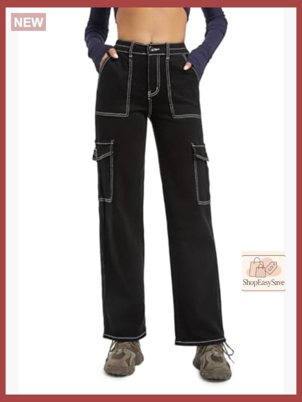 High Waisted Stretch Straight Leg Cargo Pants with Pockets Trendy Trousers - Picture 4 of 5